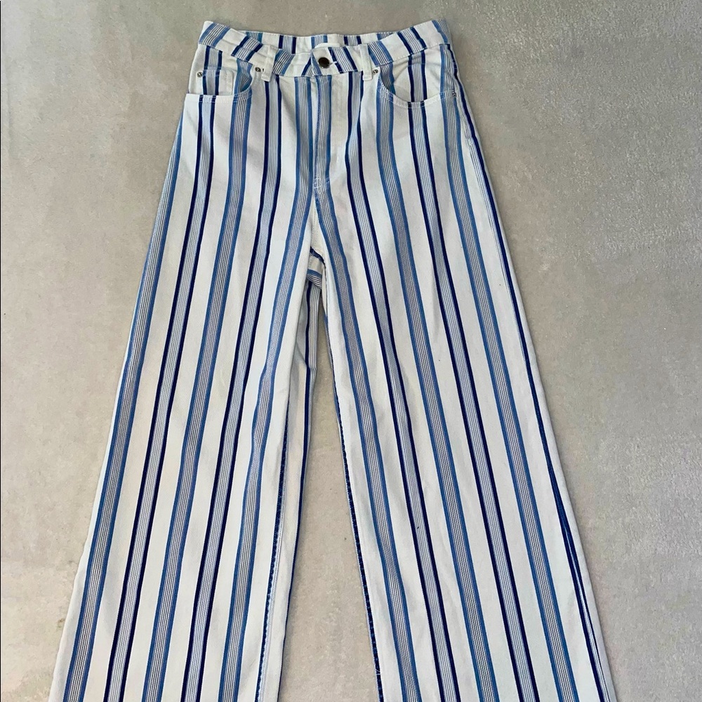 H&M Wide Leg Striped Jeans with Freyed Hem High Waisted